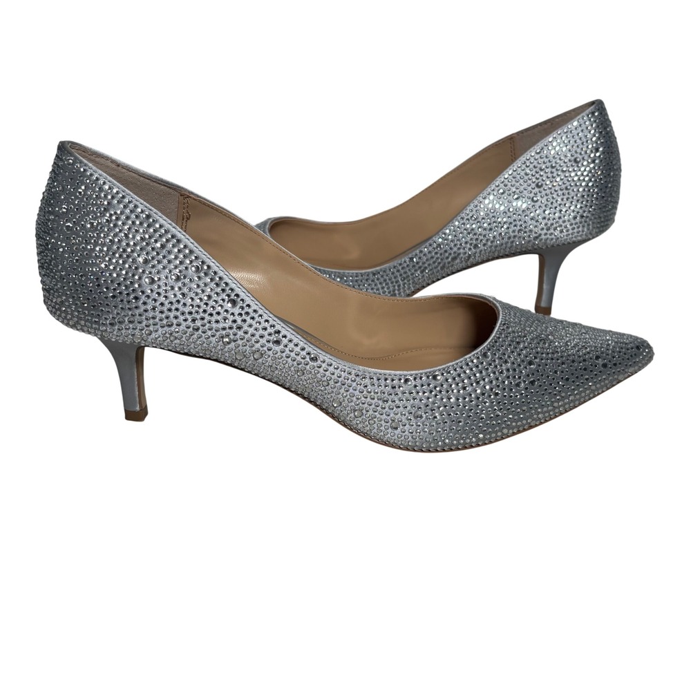 Jewel Badgley Mischka Silver Rhinestone Pointed Toe Kitten Heels Size 8.5